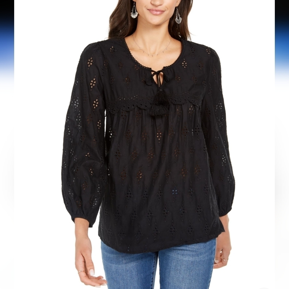 Style & Co Black Eyelet Peasant Blouse Tie Neck Boho Top Size Large